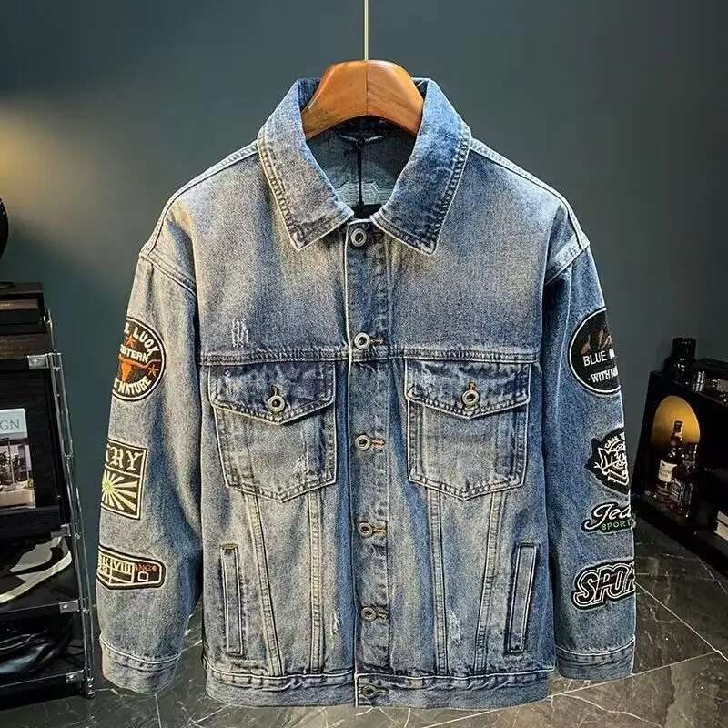 Street Fashion Jacket Men - الرجال شارع العليا شارة مطرّزة الدنيم