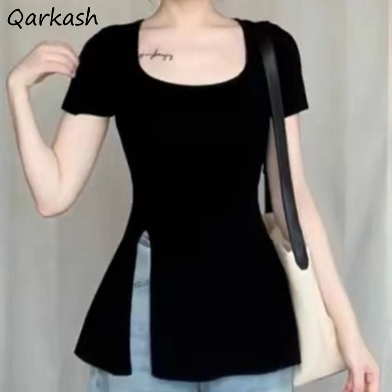 Street Fashion Korean Girl - تي شيرت صيفي للنساء تصميم شق